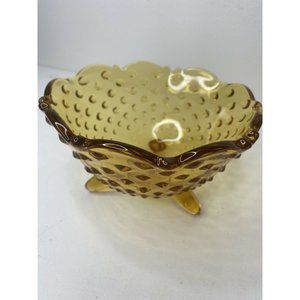 Vintage Amber Glass Hobnail Candy Dish MCM Cut glass Nut bowl Footed